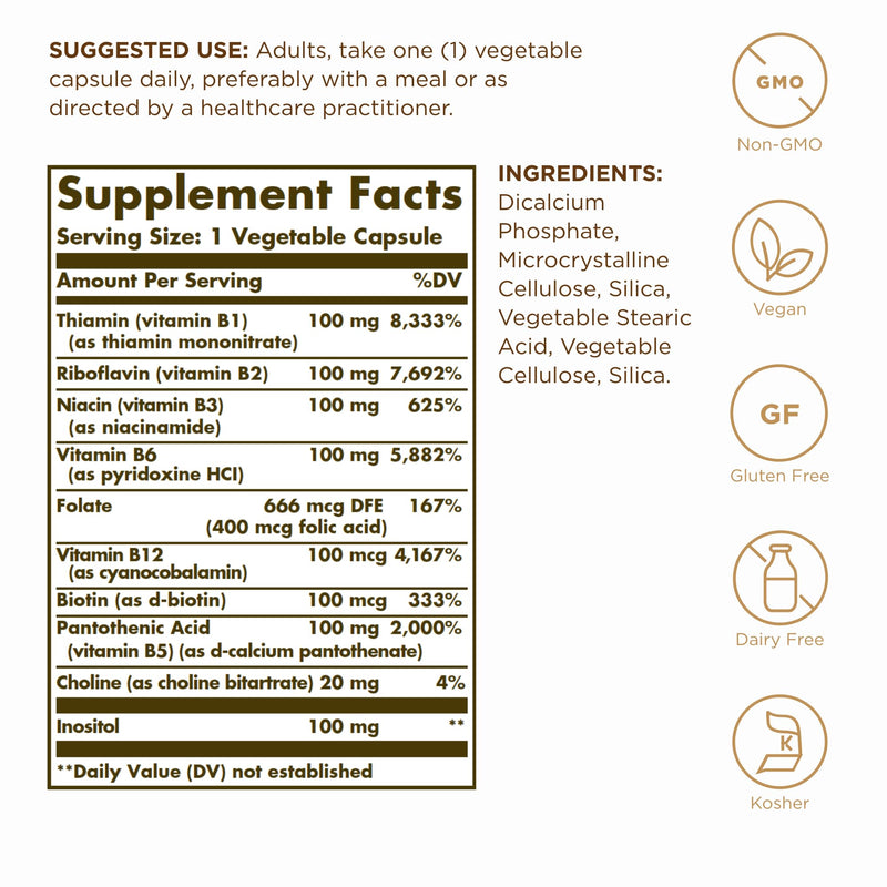 Solgar B-Complex "100" - 100 Vegetable Capsules, Pack of 2 - Energy Metabolism, Cardiovascular Health, Nervous System Support - Non-GMO, Vegan, Gluten Free - 200 Total Servings Unflavored 100 Count (Pack of 2)