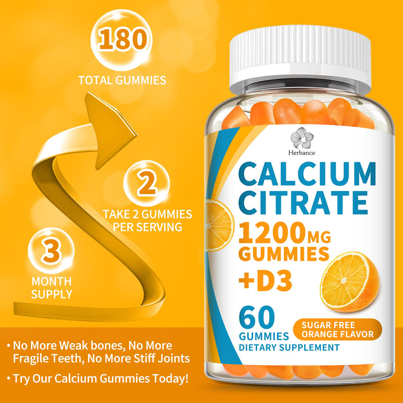 (3 Pack) Calcium Citrate 1200 mg Gummies with Vitamin D3, High Absorption Calcium Supplements for Women & Men, Sugar Free, Non-GMO, Gluten Free, Supports Muscle & Immune - Orange Flavor 60 Count (Pack of 3)