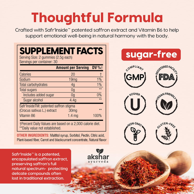 AKSHAR Ayurveda Saffron Gummies, Sugar-Free Vegan Mood & Focus Supplement | Safr'Inside® Extract with Vitamin B6, Supports Calm & Positive Outlook, Hormonal Balance for Women, All Ages, 60 Count 60 Count (Pack of 1)