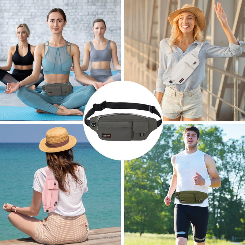 MAXTOP Large Crossbody Fanny Packs for Men Women with Headphone Jack and 5-Zipper Pockets Adjustable running belt for Outdoors Yoga Traveling Casual Running Hiking Dark Grey