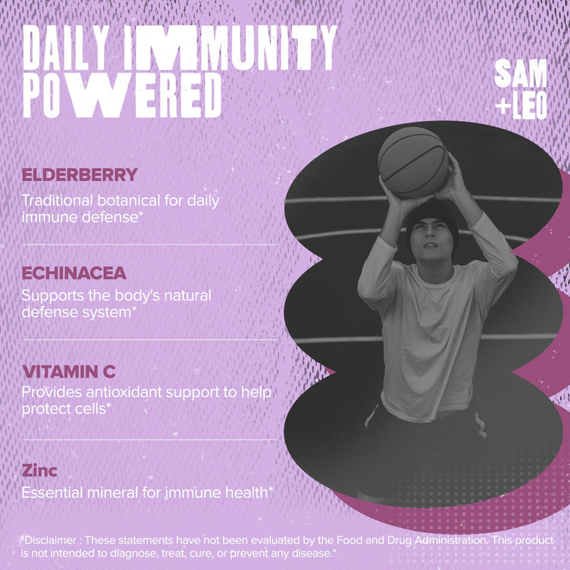 SAM+LEO Immunity Gummies for Kids & Teens, Elderberry & Zinc, Berry, 60ct | Elderberry, Echinacea, Zinc & Vitamin C, vegan, gluten-free antioxidant immune support gummies, berry, ages 4 and up