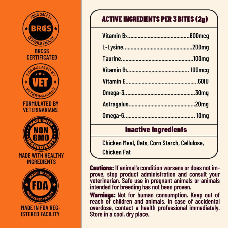 220g L-Lysine for Cat Chews with Vitamins and Supplements - Omega 3,Multivitamin,Taurine for Cat & and Kittens Treats - Immune,Respiratory,Eye Health - Chicken Flavor