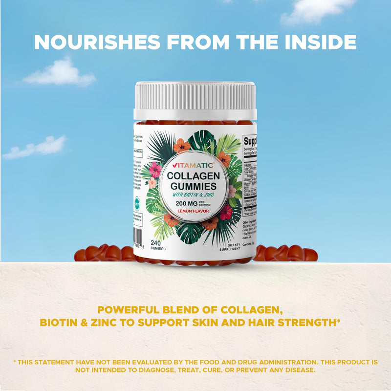 Vitamatic Hydrolyzed Collagen Gummies with Vitamin C, Zinc and Biotin, 200 mg - Healthy Skin Support - 240 Gummies