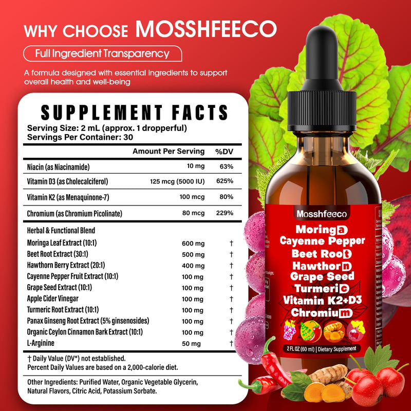 Cayenne Pepper Drops Supplement - Liquid Herbal Formula with Hawthorne Berry, Moringa, Ceylon Cinnamon, Vitamin D3, K2, Beet Root, Turmeric, Grape Seed & L-Arginine | Plant Based for Men & Women 60ML 2 Fl Oz (Pack of 1)