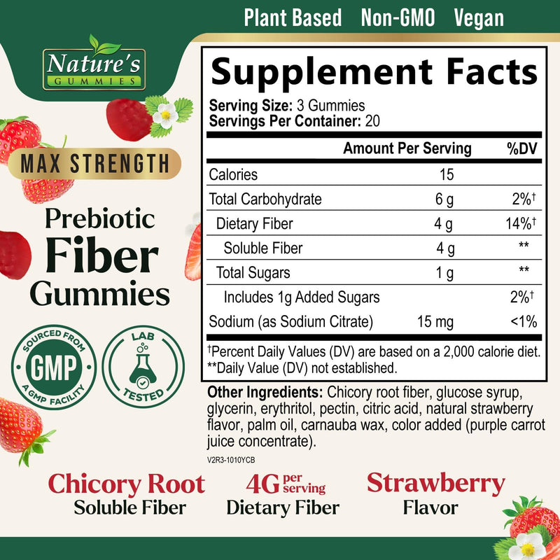 Prebiotic Fiber Gummies - 4g Dietary Fiber Per Serving - Extra Strength Daily Supplement for Adults - Tasty Strawberry Flavor - Plant Based Digestive and Regularity Support - 60 Gummies