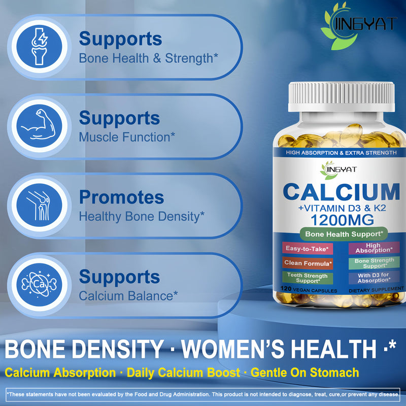 Calcium Supplements for Women - Calcium 1200 mg with Vitamin D3 & K2 - High Absorption Extra Strength Calcium Citrate for Bone Health, Strength, Density, Muscle, Heart Support - Slow Release, Non-GMO