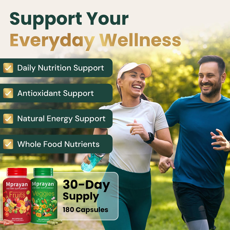 Fruits & Veggies Capsules – Whole Food Fruit & Vegetable Supplement – 90 Fruit + 90 Veggie Capsules (2 Bottle System) – Vegan, Non-GMO – No Powders or Mixing – Daily Nutrition for Men & Women