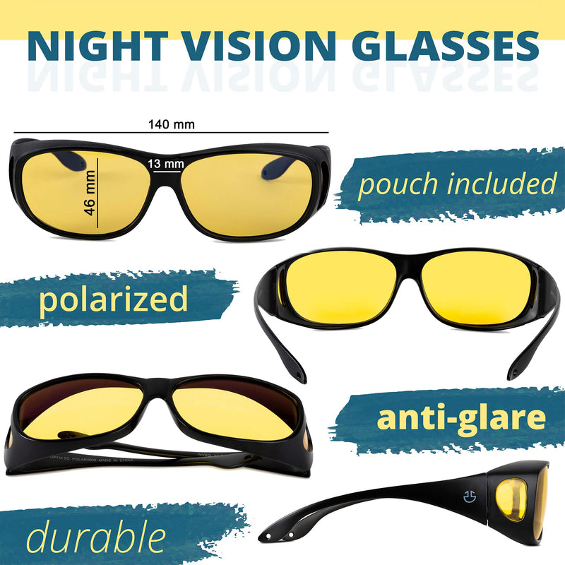Optix 55 Fit Over HD Day/Night Driving Glasses Wraparound Sunglasses for Men, Women - Anti Glare Polarized Wraparounds Night Vision Black - BeesActive Australia