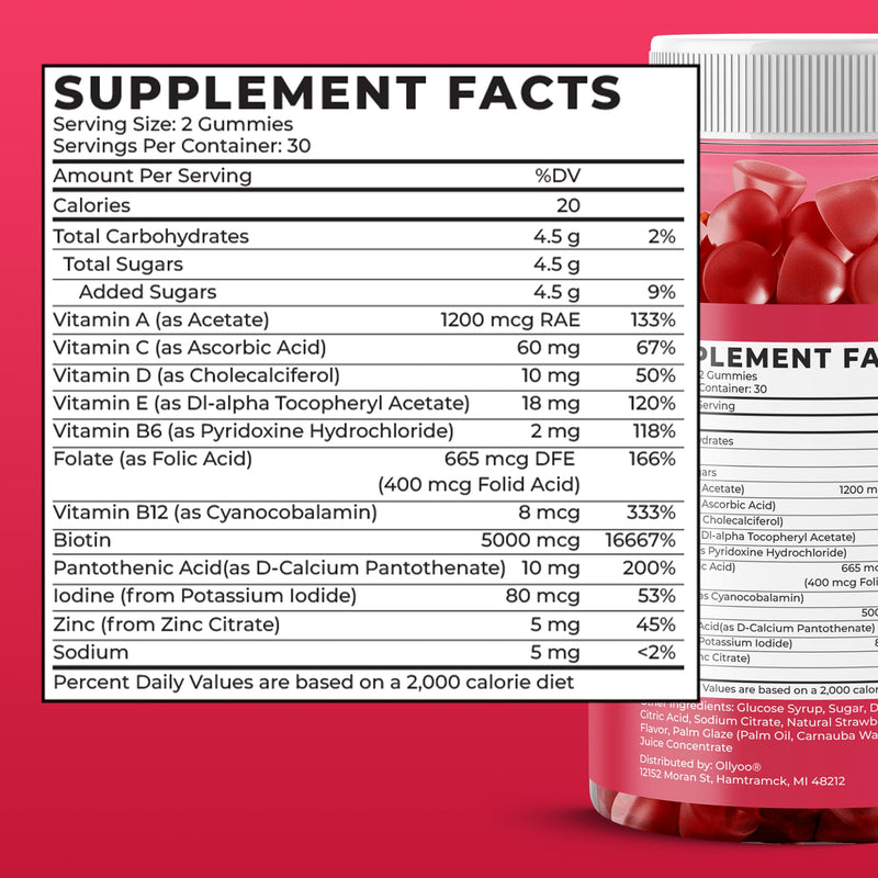 Adult Multivitamin Gummies for Men and Women — Hair, Skin, Nail & Immune Support, Daily Energy Boost — Low Sugar — Cherry & Strawberry Flavor — 60 Count (30-Day Supply)