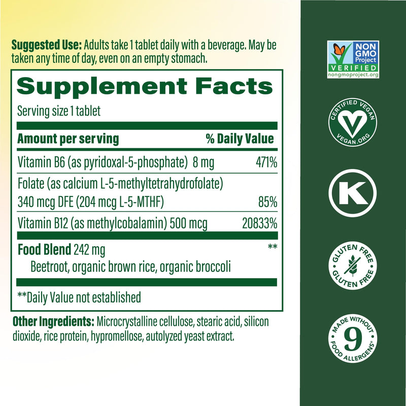 MegaFood Methyl B12, Cellular Energy Metabolism Support, 60 Mini Tablets | With Methylated B12, Methylfolate & Vitamin B6, Supports Brain & Nervous System Function & Heart Health, Vegan, 60 Servings 60 Count (Pack of 1)