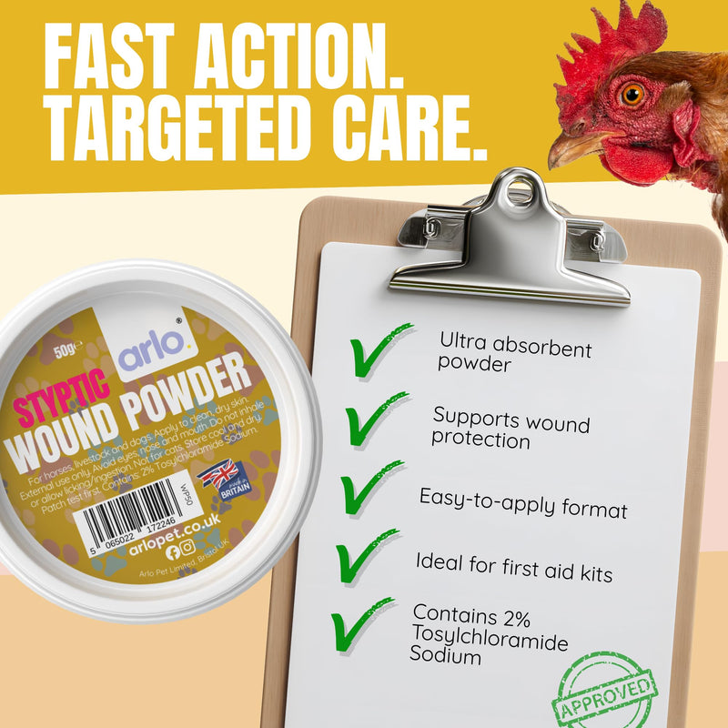 Wound Powder 50g for Pets & Horses | Fast-Dry Styptic Formula Helps Keep Wounds Clean | Non-Sting, Moisture Control Powder for Cuts, Grazes & Rubbing - Easy Dip Pot