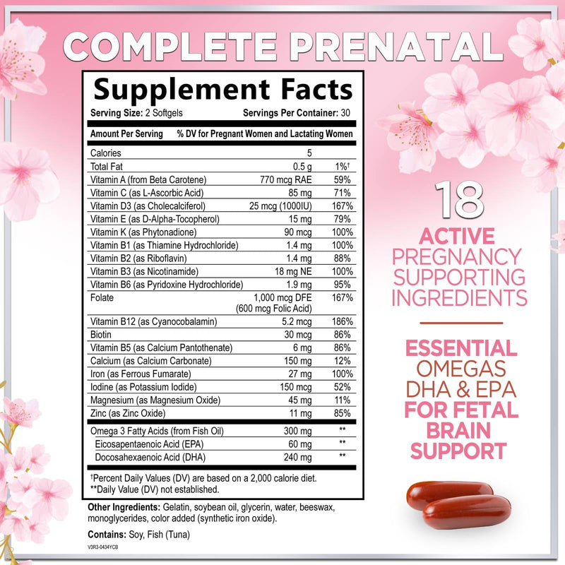 Prenatal Vitamins for Women with Folic Acid + Omega 3 DHA for Fetal Development Support - Prenatal Vitamin Supplement For Mom & Baby - Daily Pregnancy Multivitamin Nutritional Support - 60 Softgels 60 Count (Pack of 1)