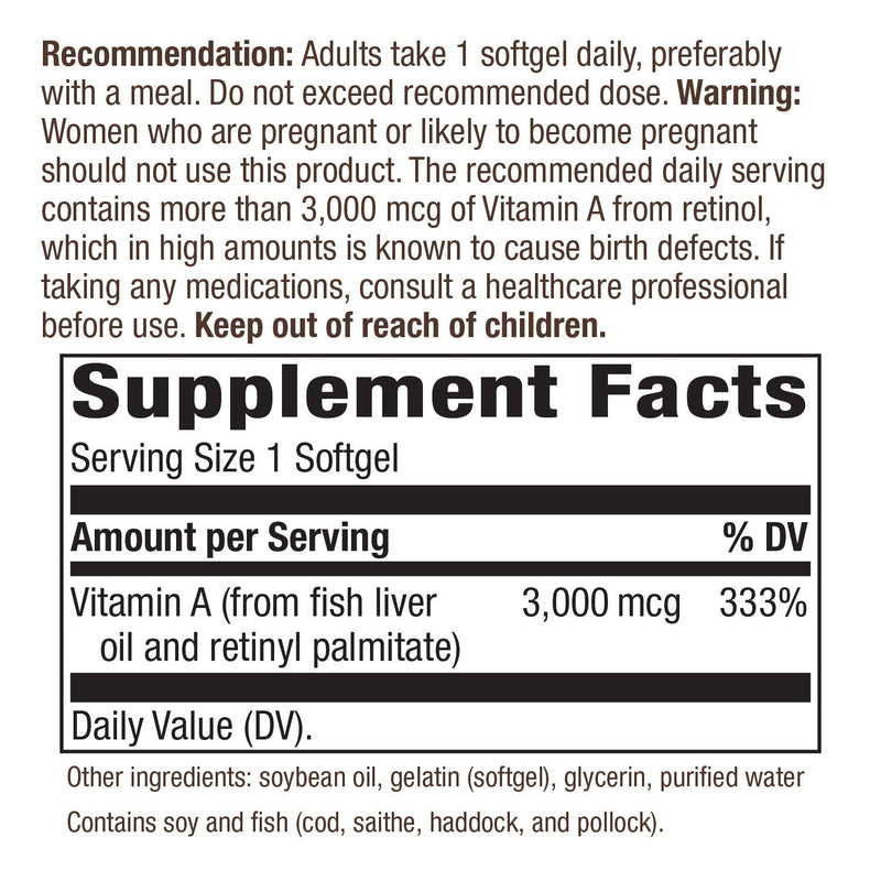Nature's Way Vitamin A, 3,000 mcg per serving, 100 Softgels - BeesActive Australia