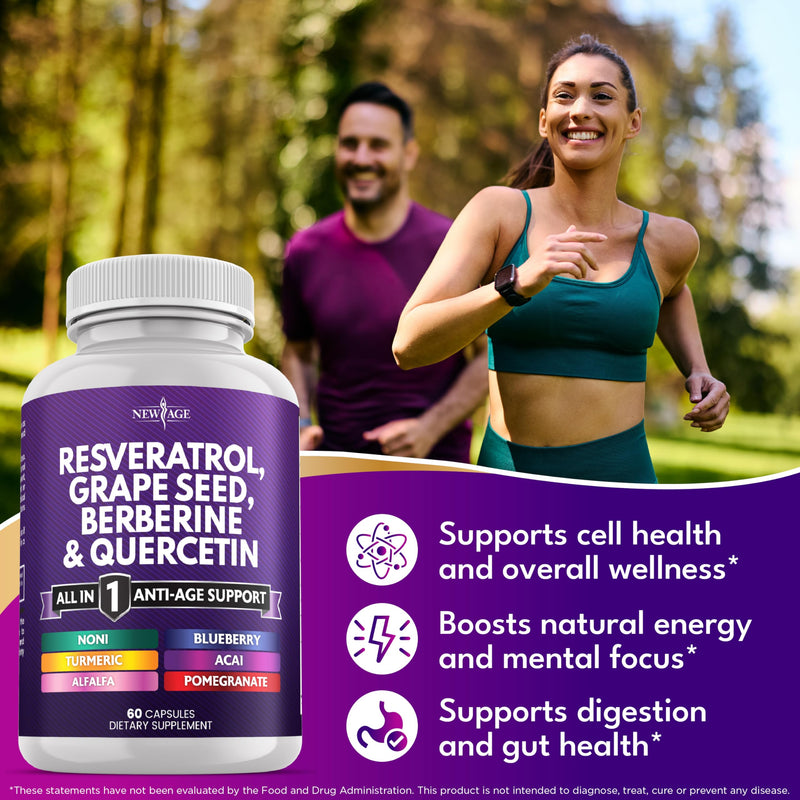 NEW AGE Resveratrol, Berberine, Grape Seed Extract, Quercetin, Polyphenol Supplement for Women and Men with Noni, N-Acetyl Cysteine, Acai - 180 Capsules 180 Count (Pack of 1)