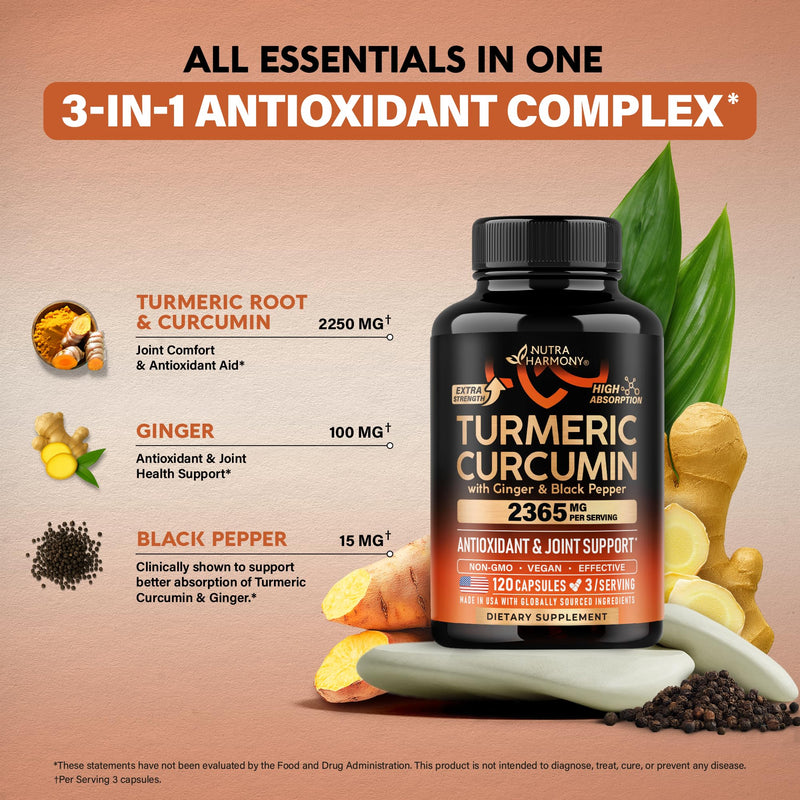 Turmeric Curcumin Supplement 2365 mg - Turmeric with Ginger & Black Pepper - Highly Bioavailable & Extra Strength 95% Curcuminoids - Antioxidant, Immunity & Joint Support - Made in USA - 120 Capsules - BeesActive Australia