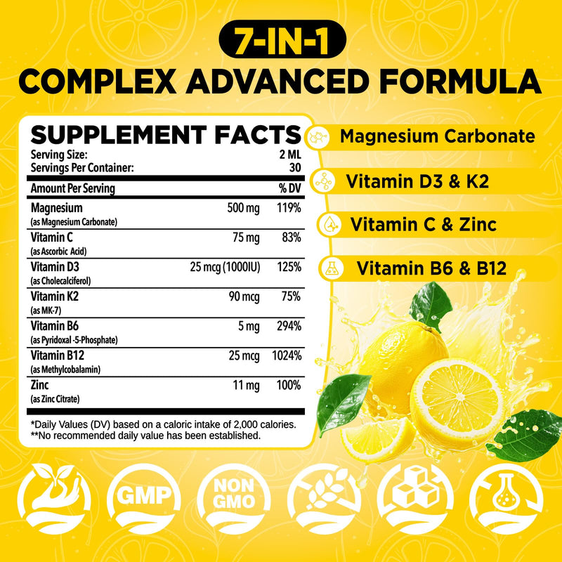 Magnesium Carbonate 500mg Liquid Drops, High Absorption Supplement with Vitamin C, D3, K2, B6, B12, Zinc for Digestive System Health, Nerve & Muscle Function, Vegan, Non-GMO, Lemon Flavor, 2 FL OZ