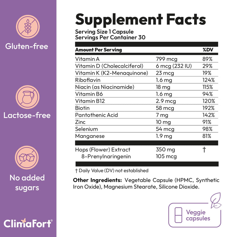 Climafort Menopause Support | Hot Flashes & Night Sweats | Hops | 1 Daily | Menopause relief pills with vitamins & minerals | Hormone-free, soy-free | Perimenopause support | 30 capsules | 1 month