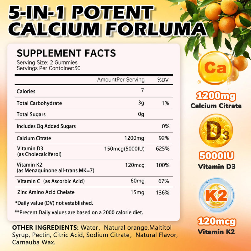 5-in-1 Calcium Citrate Gummies 1200mg with D3, K2, Zinc, VC | Sugar Free, Non-GMO Chewable; Immune Support,Teeth & Muscle Healthy for Women & Kids; 60 Count; Orange Flavor 60 Count (Pack of 1)