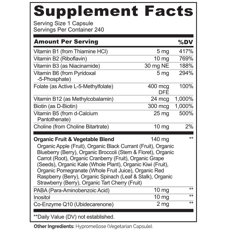 NATURELO Vitamin B Complex, 240 Capsules, Vegan, CoQ10, Methyl Folate | Biotin, Fruit & Vegetable Blend, Supports Energy And Healthy Stress Response, Super B Complex Vitamins for Women and Men 240 Count (Pack of 1)