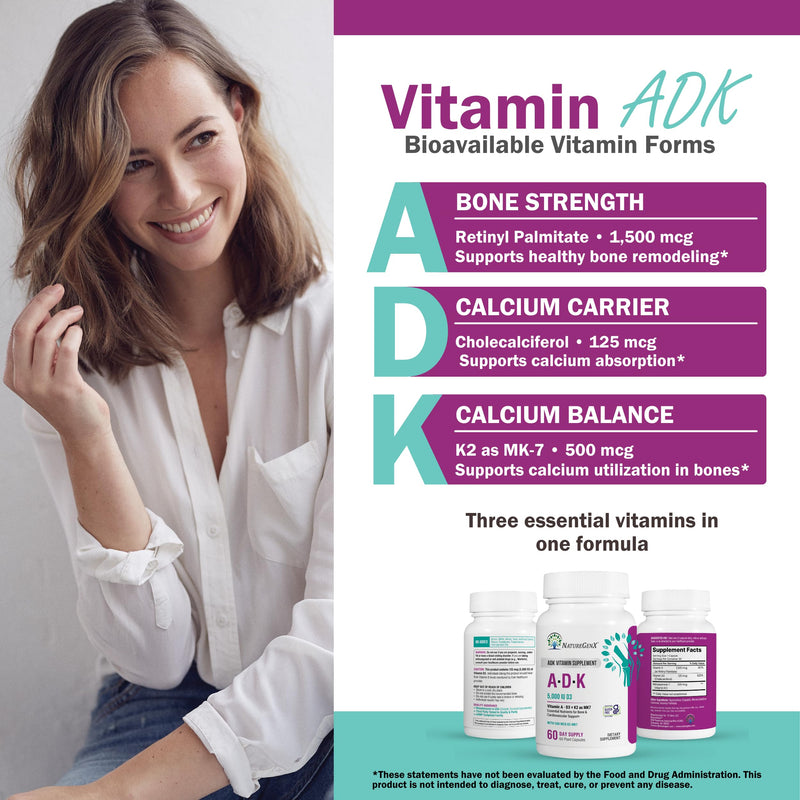NatureGenX ADK Vitamin Supplement – Vitamins A, D3 & K2 MK-7 for Bone Health & Calcium Absorption – Gluten-Free, Non-GMO, Soy-Free – 120 Capsules, 2-Pack (4-Month Supply) | For Bone Health & Calcium Absorption - Immune Support, Gluten-Free, Non-GMO, So...