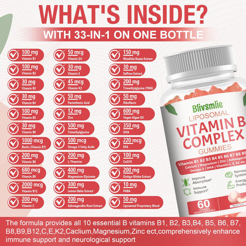 33-in-1 Liposomal Vitamin B Complex Gummies - B1, B2, B3, B4, B5, B6, B7, B8, B9, B12, Vitamin C, D3, K2, Calcium, Magnesium, Zinc for Energy, Brain, Immune, Skin Support & Heart Support 60 Count (Pack of 2)