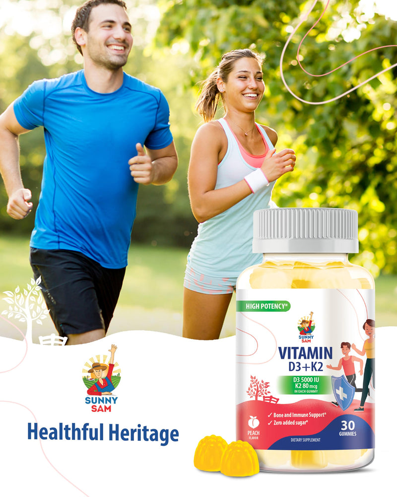 SUNNY SAM Sugar-Free Vitamin D3 K2 Gummies 5000 IU - Immune & Bone Support - Vitamin D Gummy Supplement for Adults - High-Absorption, Vegan, Halal, Gluten-Free Chewable Vitamins - 30 Count 30 Count (Pack of 1)
