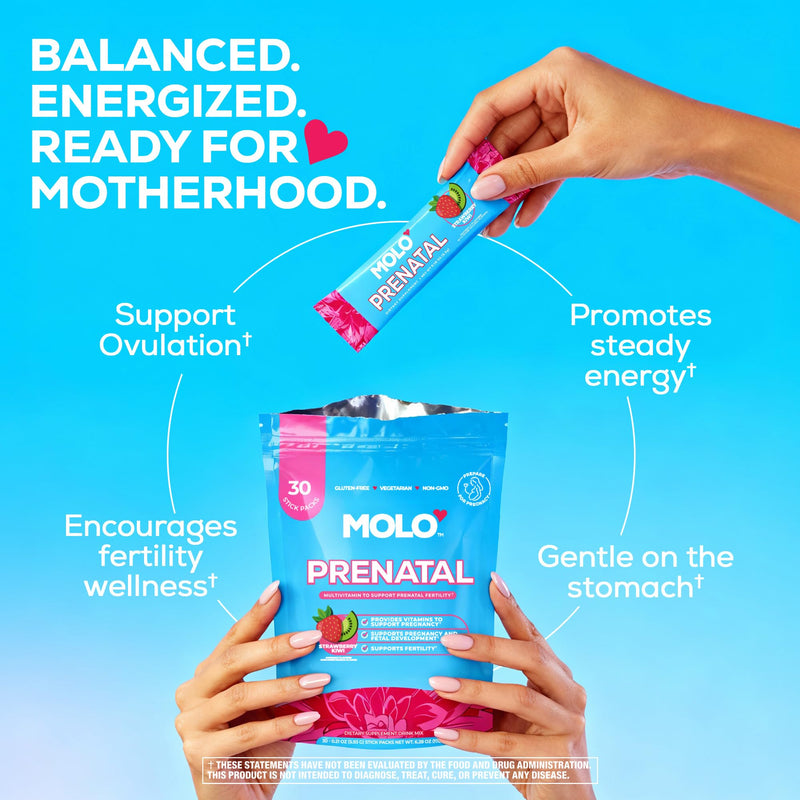 MOLO Prenatal Multi-Vitamin Drink Mix for Women – Packed with Essential Vitamins & Antioxidants, Methylfolate, & Iron – 30 Stick Packs Strawberry Kiwi Flavor – Vegetarian, Gluten-Free & Non-GMO