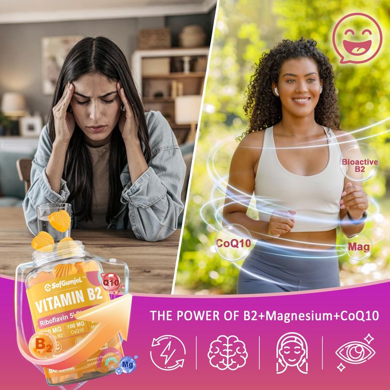 Vitamin B2 Gummies | Riboflavin 400mg with Magnesium & CoQ10 - 120 Cts | Sugar Free B2 Vitamin for Adults and Kids VIT B Supplement | Non GMO, Vegan, Strawberry Flavor 60 Count (Pack of 2)