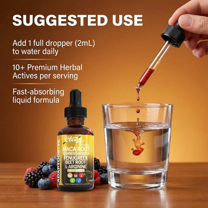 Clean Nutra Organic Maca Root Liquid Drops with Ashwagandha, Fenugreek, Beet Root and L-Arginine Liquid Multivitamin for Women and Men - Adapto Drive 1
