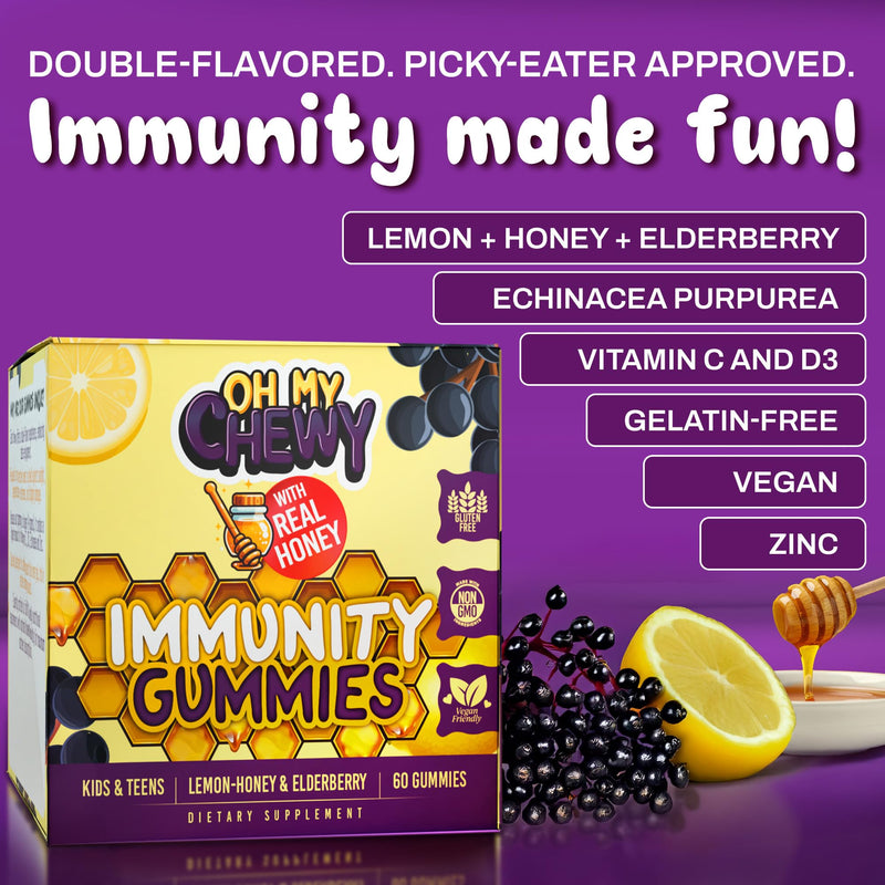 OH MY CHEWY Elderberry Gummies Immunity Support for Kids & Teens | Real Honey and Lemon, Vitamin C, Echinacea, Zinc