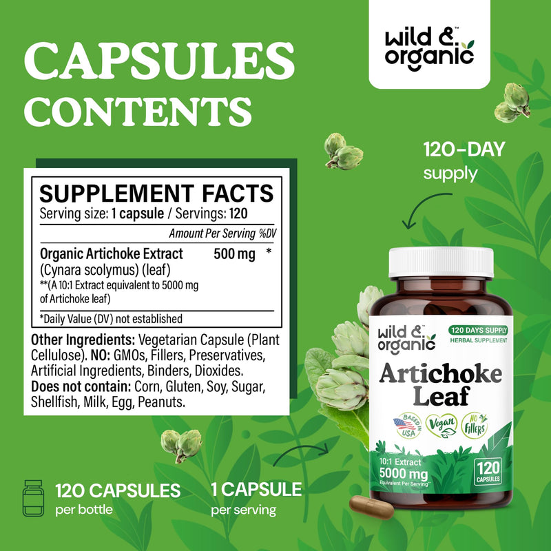 Wild & Organic Artichoke Extract Capsules 500 mg - Liver & Digestive Support - Artichoke Supplement - Cynara Scolymus Leaf Powder - Vegan, No Fillers, Non-GMO - 120 Count