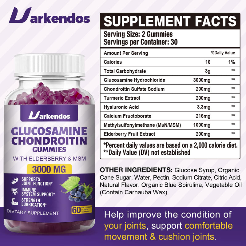 1 Pack 3000MG Glucosamine Chondroitin Gummies with MSM & Elderberry Extra Strength - Joint Support, Antioxidant Immune Support Supplement for Adults, Men & Women - 60 Blueberry Gummies 60 Count (Pack of 1)