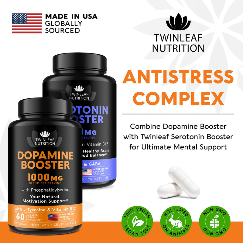 Dopamine Brain Support Supplement - DMAE, Vitamin B12 & L-Tyrosine, 60 caps | Supports Focus, Memory & Mental Clarity - 1000mg Blend with Mucuna Pruriens, Ginkgo Biloba, Green Tea, Ginseng White