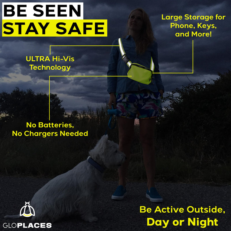 Reflective Belt Bag Night Sash for Night Safety - High Visibility Hip Bag Waist Pack with Large Storage Pouch - Adjustable Night Fanny Pack for Dog Walking, Hiking, Biking - BeesActive Australia