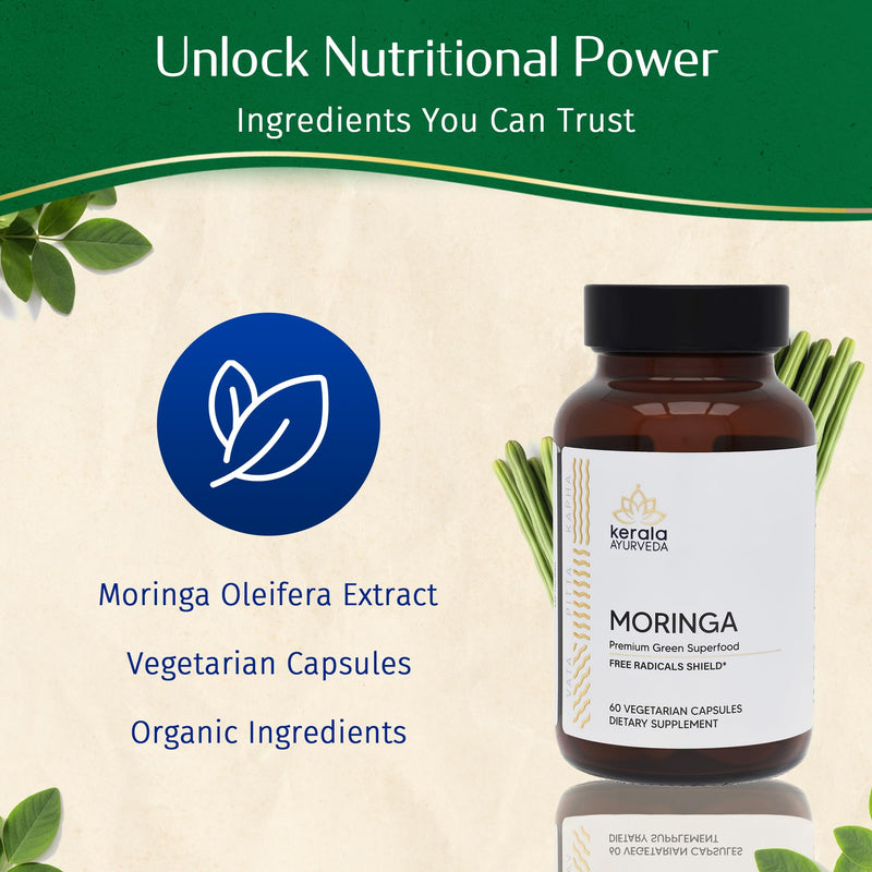 Kerala Ayurveda Moringa 450 mg Leaf Extract - 60 Veg Capsules | Powerful Antioxidants & Essential Vitamins for Immune Support, Skin Health & Gut Health | Herbal Supplements | Prop 65 Compliant