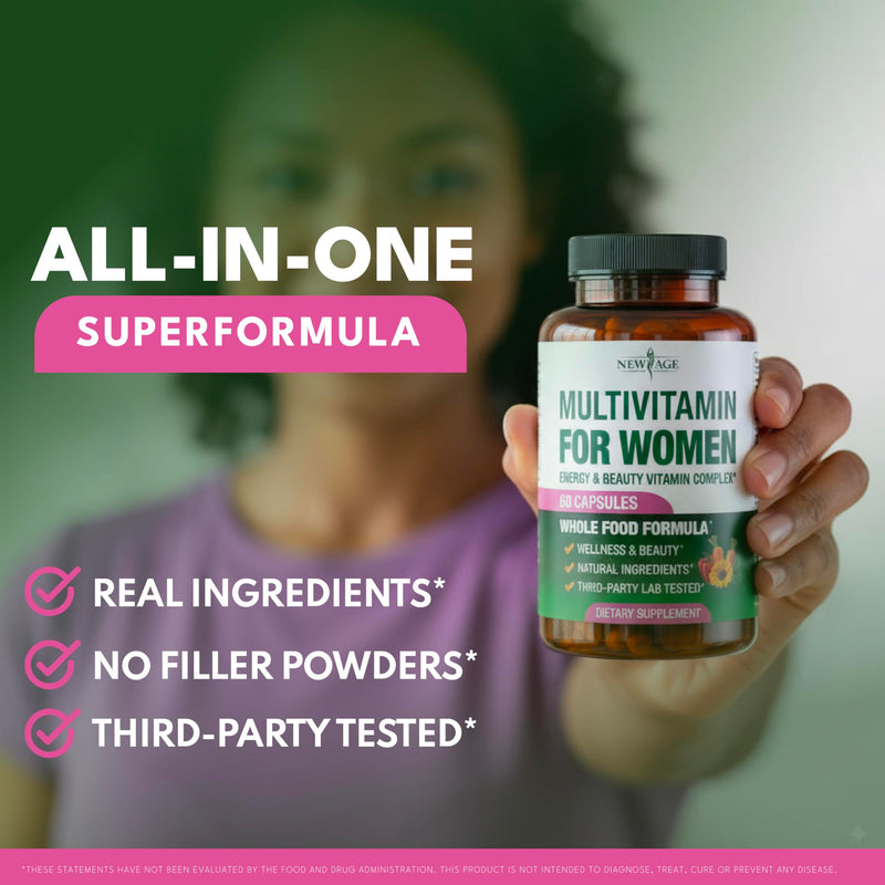 NEW AGE Multivitamin for Women - B-Complex, Whole Foods, Hair Support, Iron - All in1 Womens Multivitamin - Bioavailable & Gentle on Stomach - Made in USA - 60 Count 60 Count (Pack of 1)