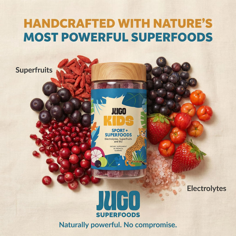 JUGO Kids Sport + SUPERFOODS Electrolyte Gummies for Sports Hydration and Daily Play with Super Fruits, Vitamin B12, and Potassium, Gluten-Free, Non-GMO, Tropical Flavor, 50 Count