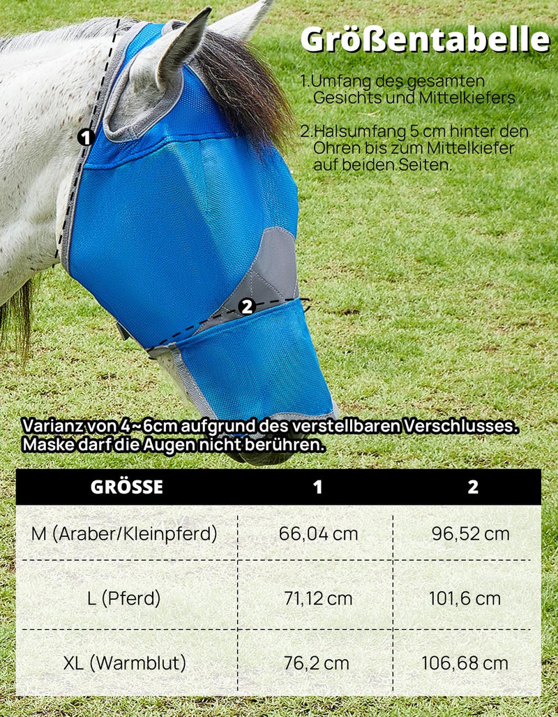 DEERFAMY Horse fly mask with nose protection, horse fly mask, breathable UV protection PVC L, blue with nose protection BL L - BeesActive Australia