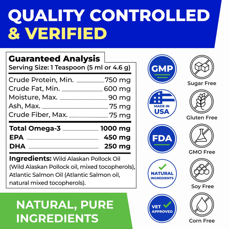 PAWFECTCHEW Fish Oil for Dogs - Natural Omega-3 - Skin & Coat Support - Liquid Food Supplement for Pets - Natural EPA + DHA Fatty Acids for Joints, Immune & Heart Health 16oz - Pollock & Salmon Oil 16 Fl Oz