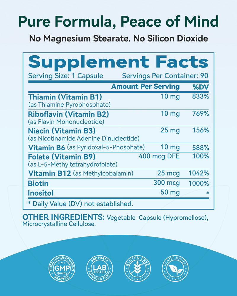 Inner Brightness Vitamin B Complex - Fully Methylated Active B12, B6, Folate - for Energy, Focus, Mood & Nerve Health - Non-GMO Vegan Gluten-Free with B1, B2, B3, B7-90 Capsules for 3 Months 90 Count (Pack of 1)