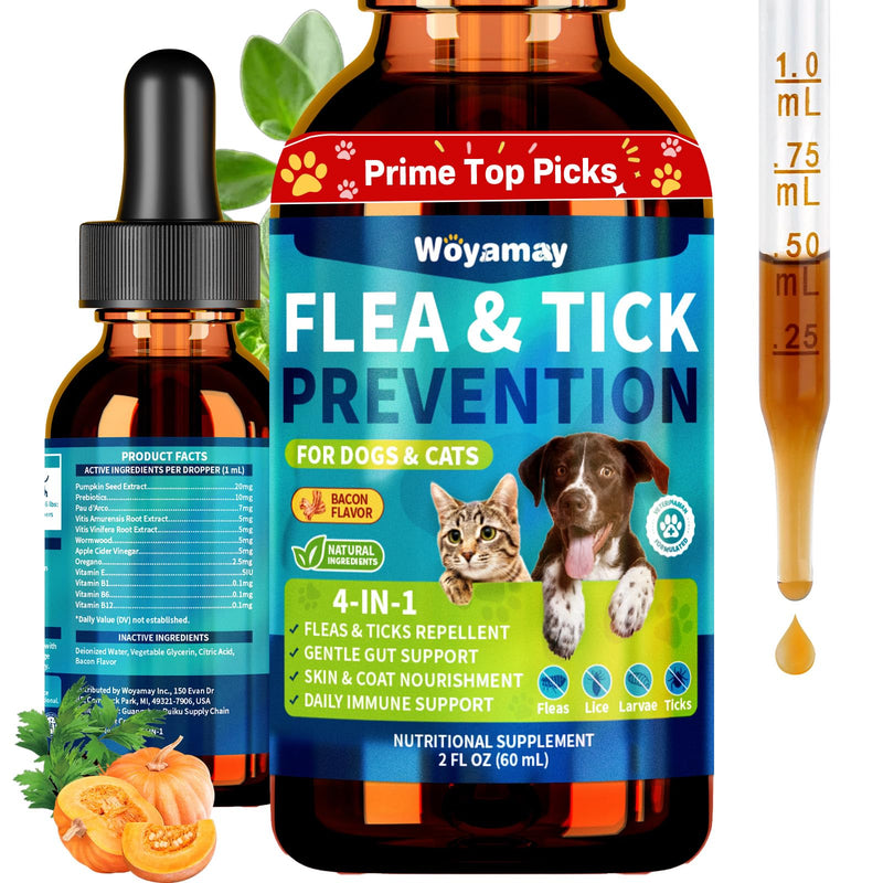 Woyamay 4-IN-1 Flea and Tick Prevention Drops for Dogs and Cats, Natural Cat & Dog Flea and Tick Treatment, Supports Flea Defense, Gut Health, Skin & Coat Nourishment, and Immune Support, Bacon Flavor