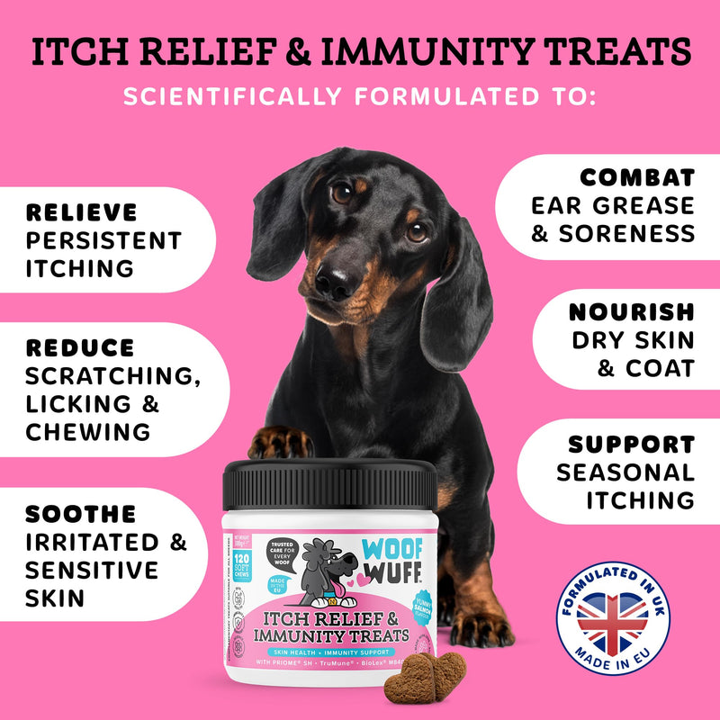 WOOFWUFF Itch Relief & Immunity Treats for Dogs – Soothe Itchy Skin, Paws, Ears & Seasonal Itching – Stop Itching Licking & Scratching – with Omega-3, Salmon & Krill Oil, Pre & Postbiotics, 120 Count