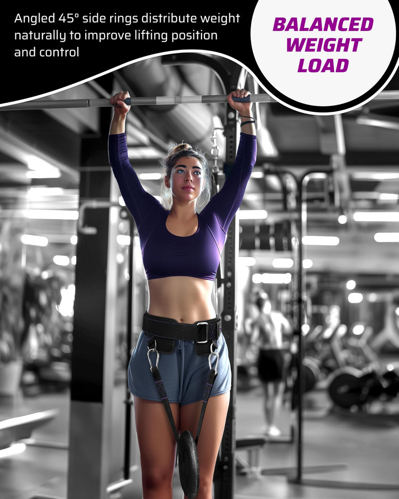 Women’s Weighted Dip Belt – For Pull-Ups, Dips & Squats | Hip-Hugging No-Pinch Fit, No-Slip Buckle | Sleek Black with Purple Stitching, 2 Straps & 2 Hooks Included