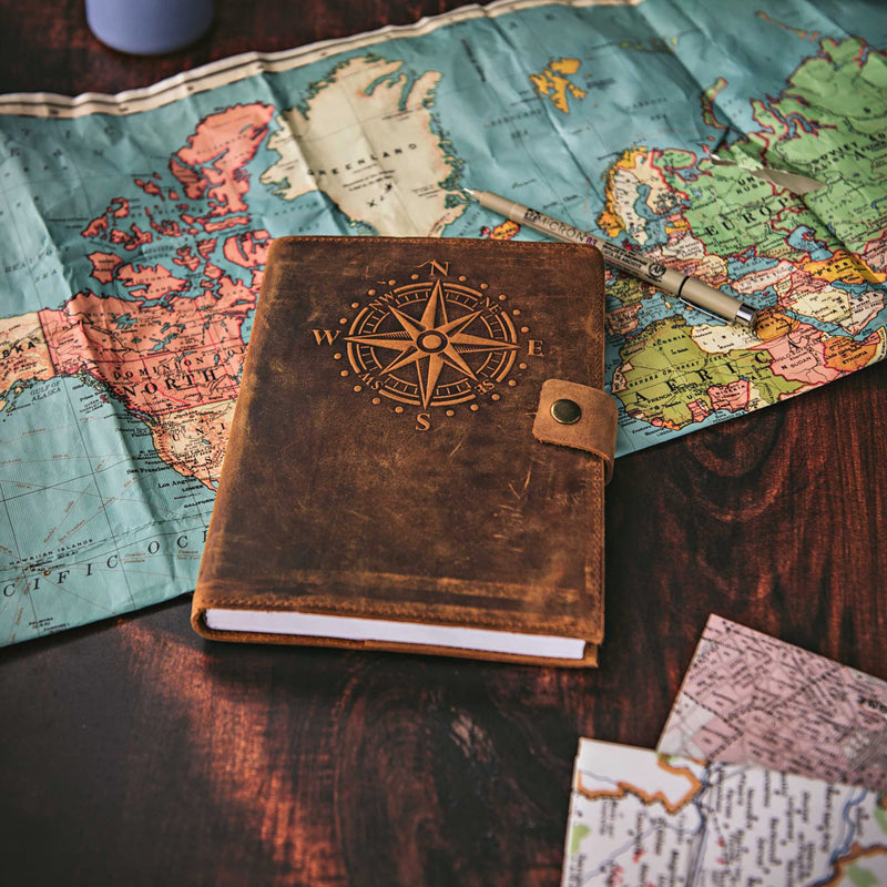 Travel Journal Series by Modest Goods - Refillable Leather Cover and A5 Notebook - Travel Accessories for Men & Women - Great for Traveler Adventure Journal, Vacation Scrapbook, Planner (Compass) Compass