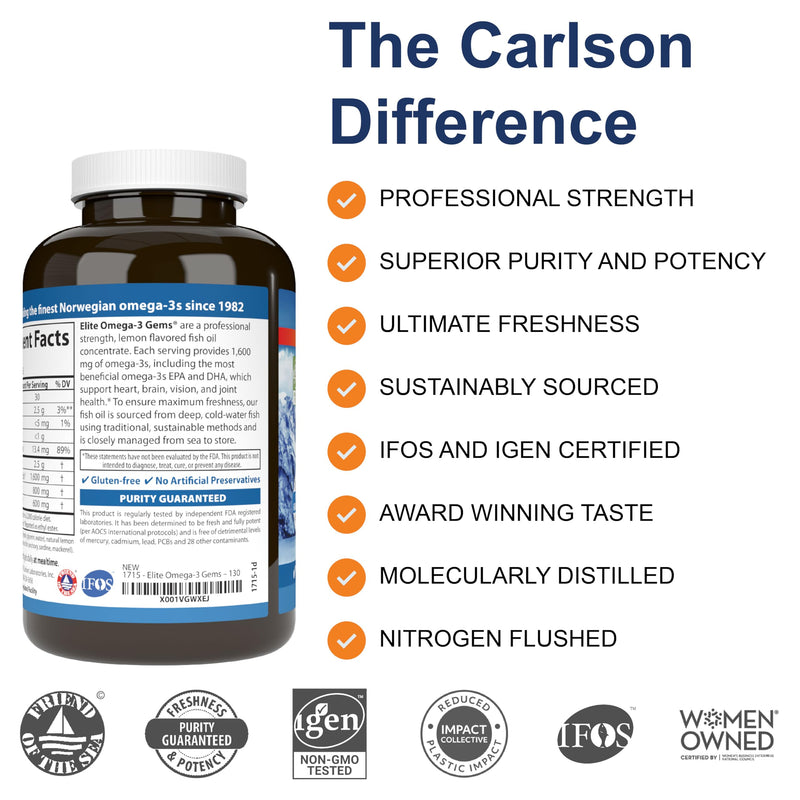 Carlson - Elite Omega-3 Gems, 1600 mg Omega-3 Fatty Acids Including EPA and DHA, Norwegian, Wild-Caught Fish Oil Supplement, Sustainably Sourced Omega 3 Fish Oil Capsules, Lemon, 130 Softgels 130 Count (Pack of 1) - BeesActive Australia