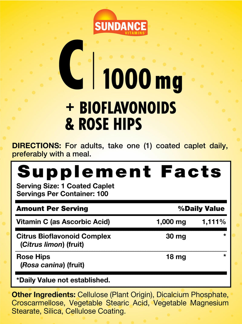 Sundance Vitamin C 1000mg with Rose Hips & Bioflavonoids | 100 Coated Caplets | Vegetarian, Non-GMO and Gluten Free Supplement