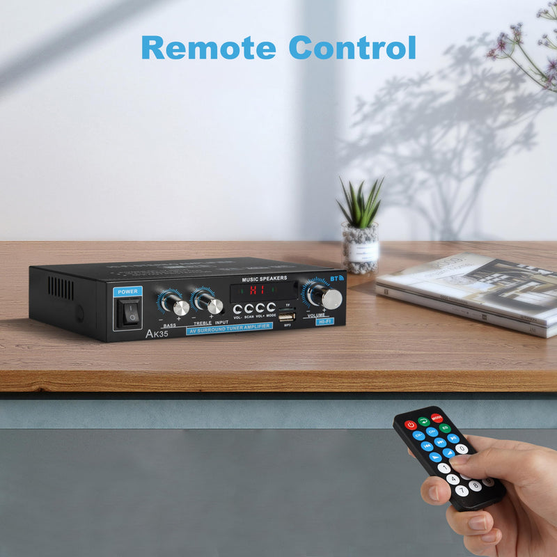 Stereo Amplifier AK35 Bluetooth 5.0 Max 200W 2.0 Channel Mini Amplifier Stereo Receivers for Car, Home Party, Audio Amplifier AMP w/USB/TF Card/AUX Input/Bass & Treble Control