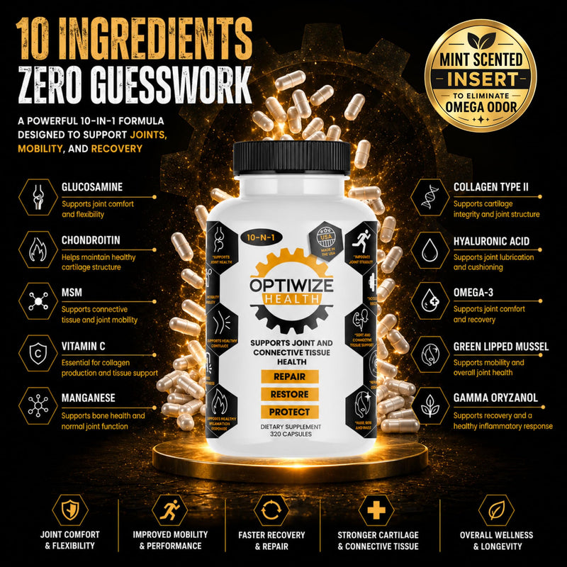 OptiWize 10-in-1 Joint Support Supplement, 320 Capsules | Glucosamine, Chondroitin, MSM, Type II Collagen, Hyaluronic Acid, Green Lipped Mussel & Omega-3, Mobility & Flexibility