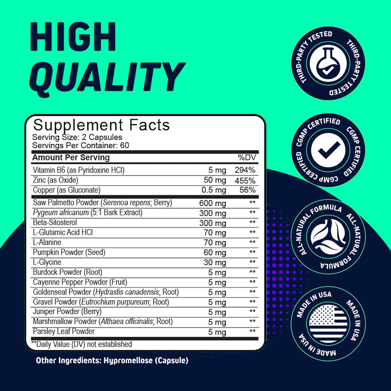 Dual Prostate & Hair Support for Men – Saw Palmetto, Beta-Sitosterol, Pumpkin Seed – Promotes Urinary Health & Natural DHT Blocking – 120 Capsules