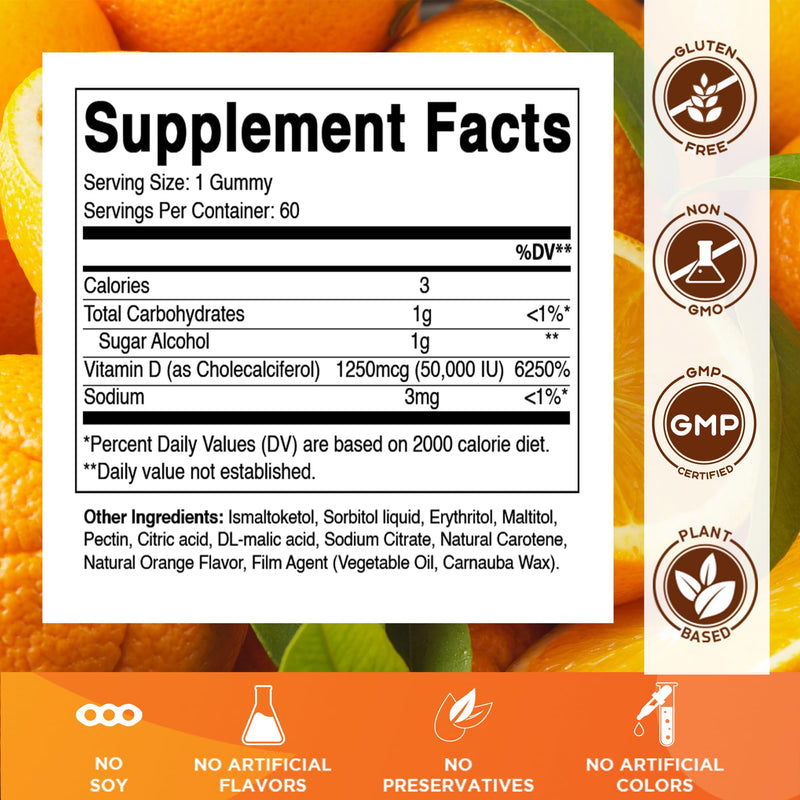 Vitamatic Vitamin D3 50,000 IU, 60 Natural Orange Flavor Gummies | 1250 mcg Cholecalciferol, Once Weekly Serving, Gluten Free, Non GMO 60 Count (Pack of 1)
